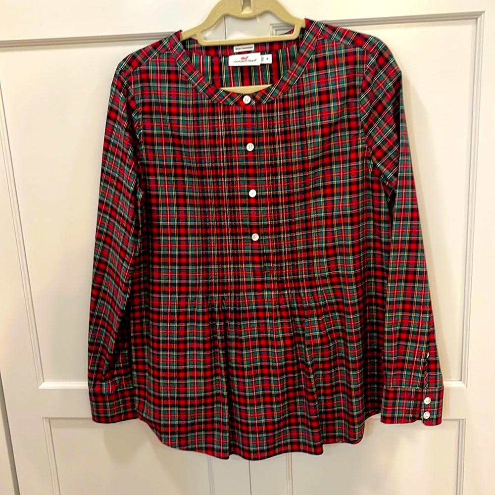 Vineyard Vines Red Tartan, Cotton/Cashmere top w pleats/slight peplum. Sz. 8
